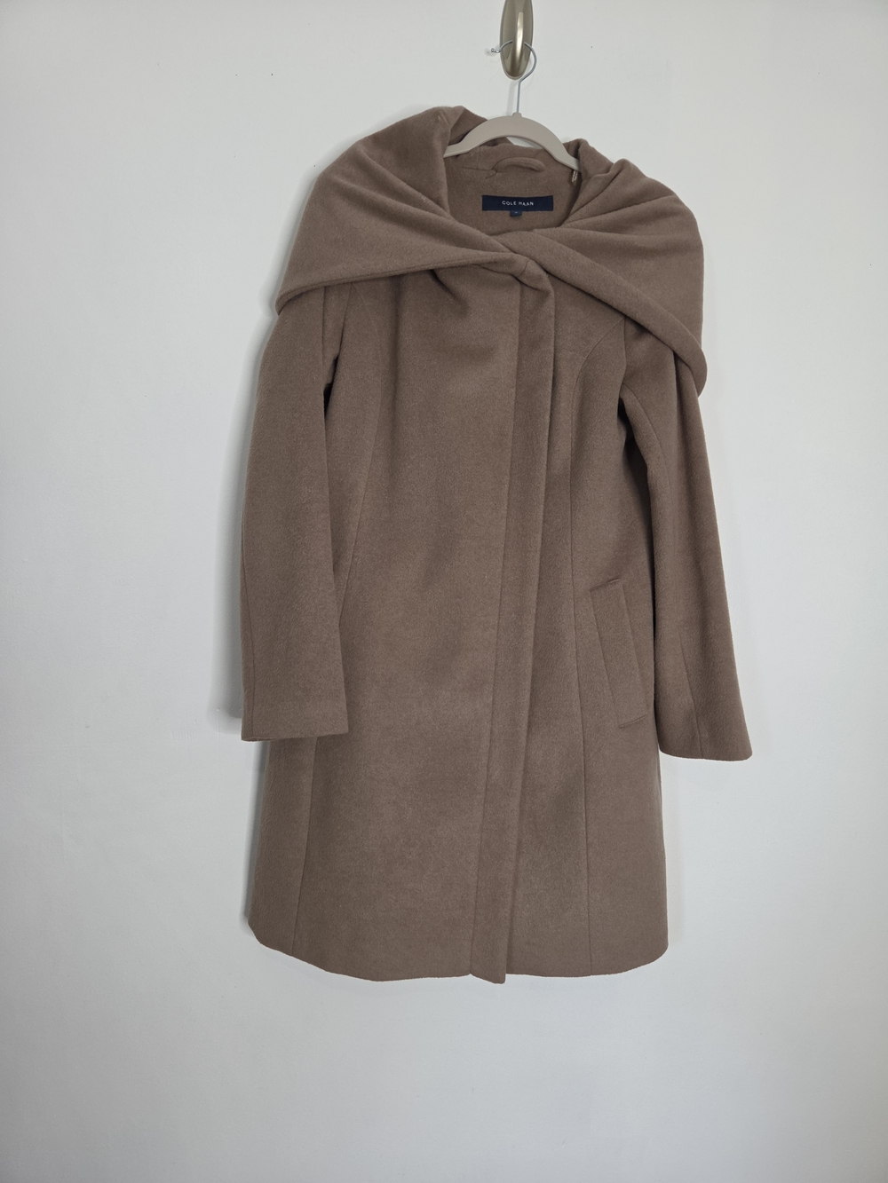 Cole Haan Camel Wool Blend Oversized Hooded Cape Collar Coat Size 10 - Picture 2 of 12